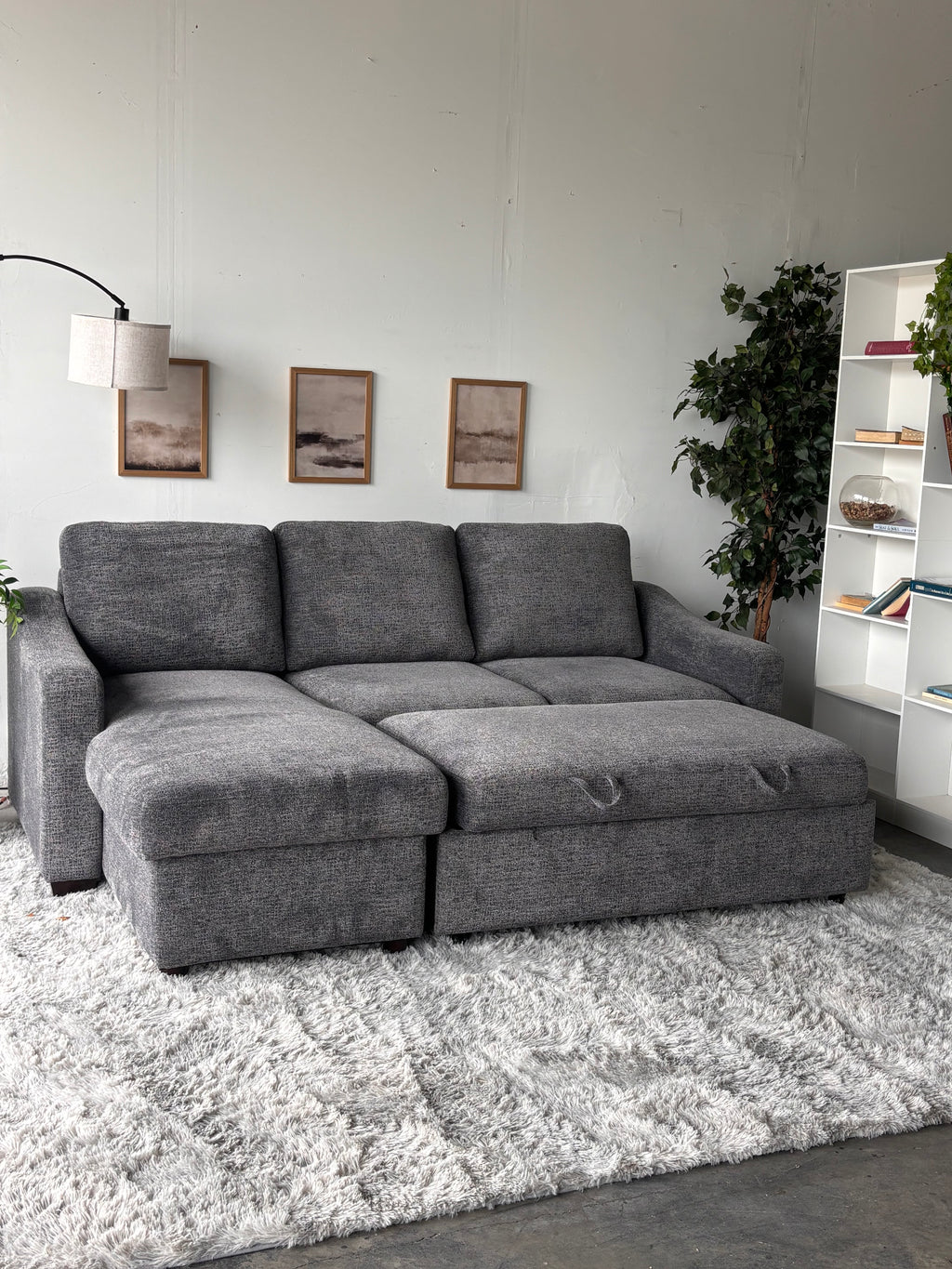 Gray Sofa Chaise with Storage and Trundle (Reversible)