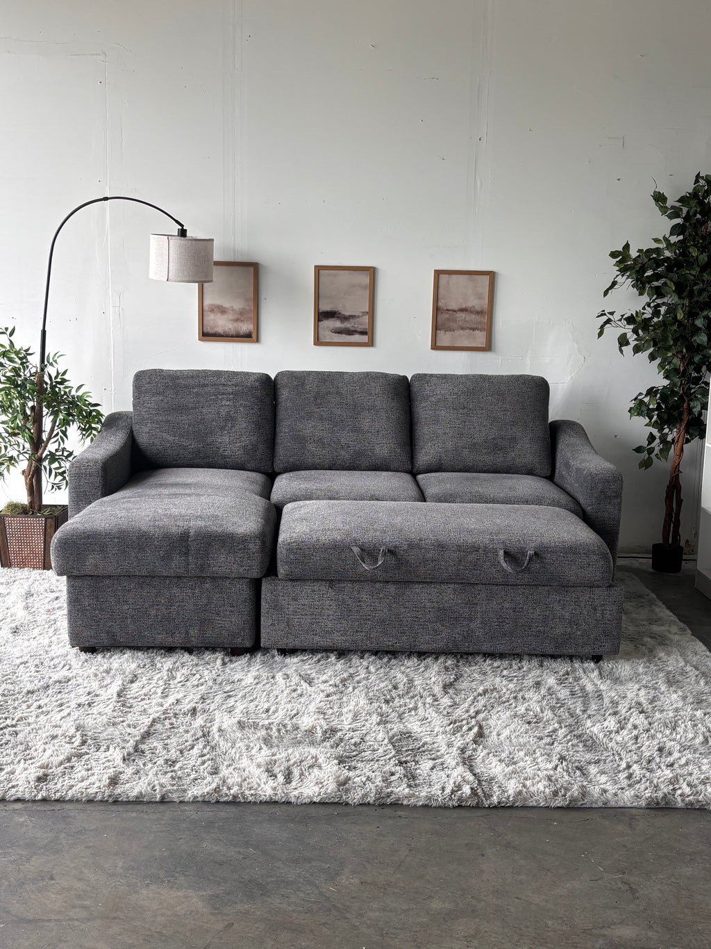 Gray Sofa Chaise with Storage and Trundle (Reversible)