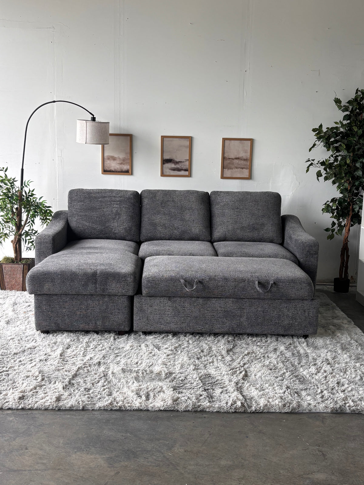 Gray Sofa Chaise with Storage and Trundle (Reversible)