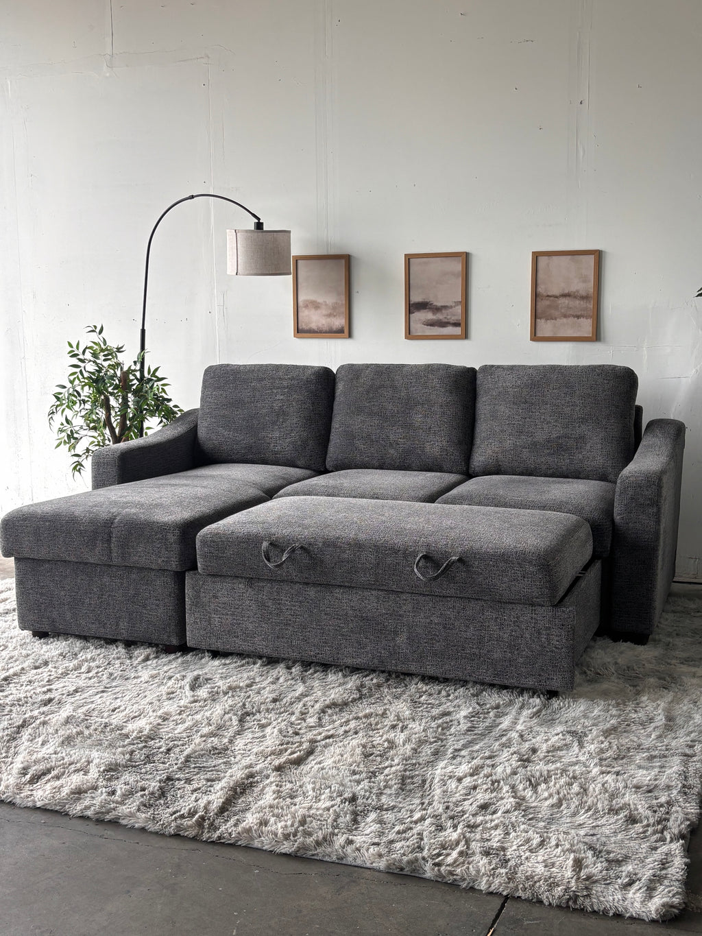Gray Sofa Chaise with Storage and Trundle (Reversible)