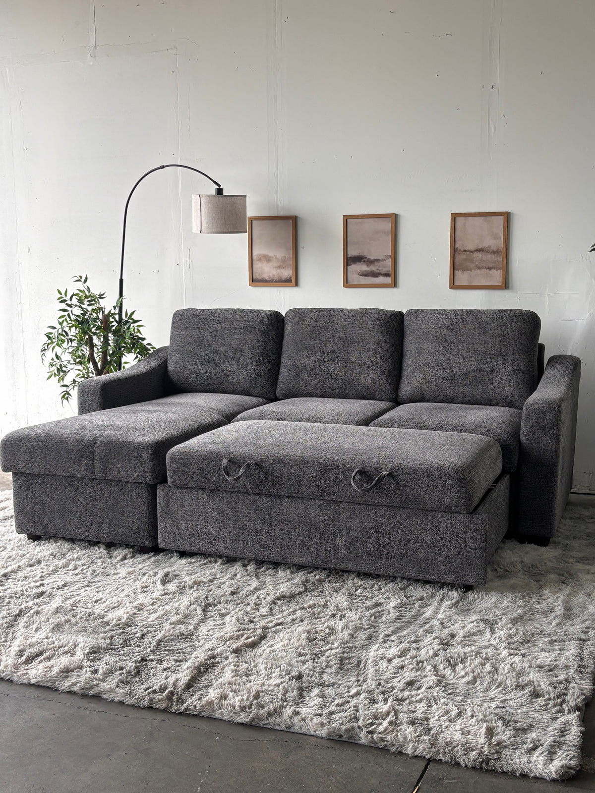 Gray Sofa Chaise with Storage and Trundle (Reversible)