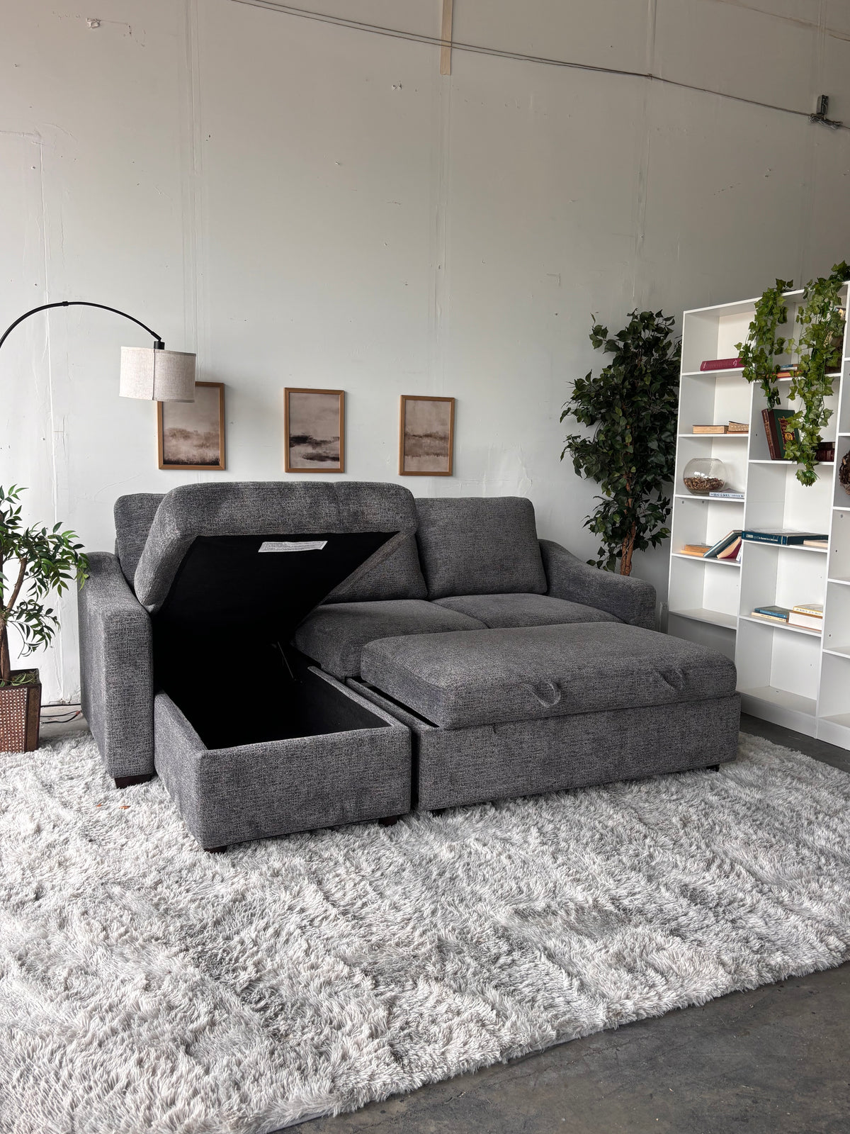 Gray Sofa Chaise with Storage and Trundle (Reversible)