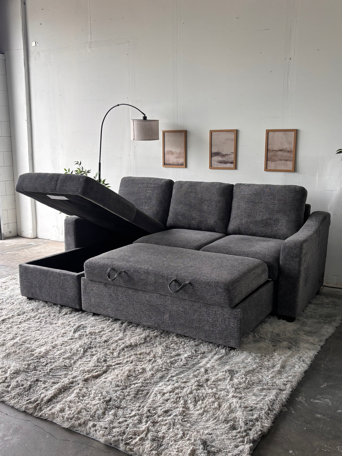 Gray Sofa Chaise with Storage and Trundle (Reversible)