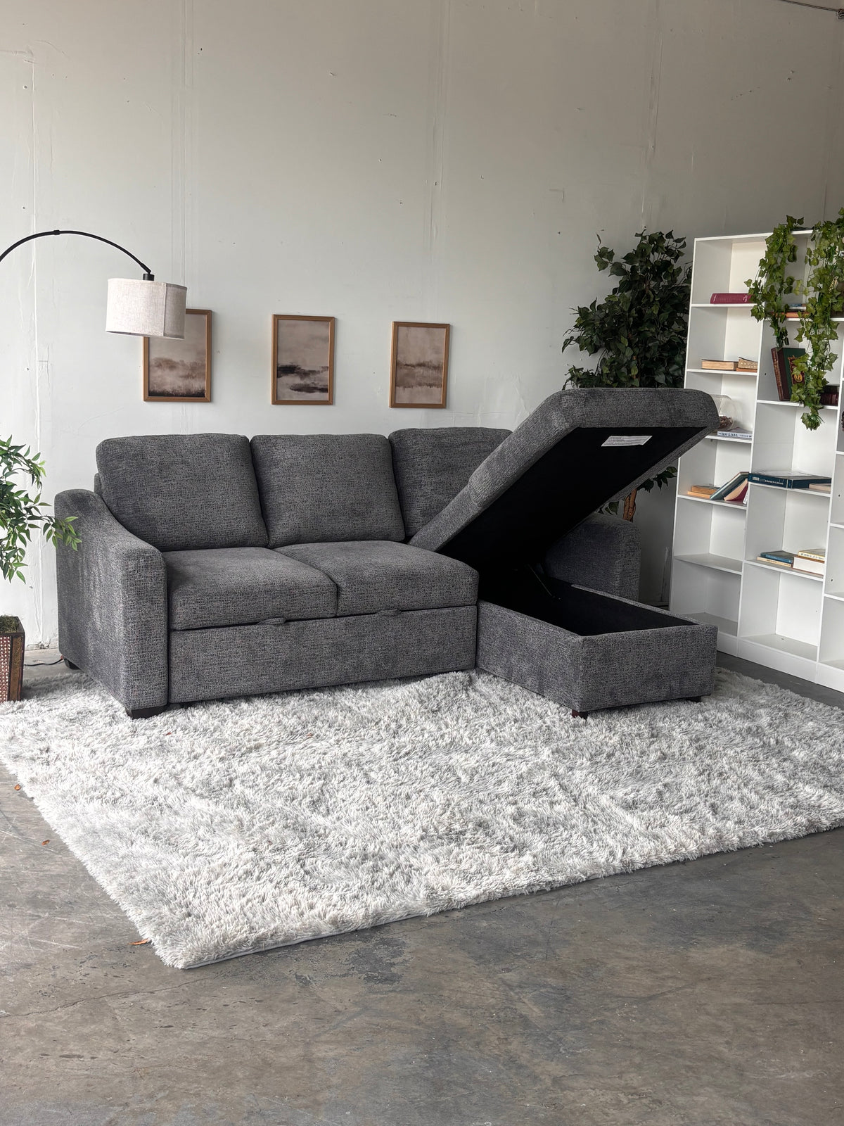 Gray Sofa Chaise with Storage and Trundle (Reversible)