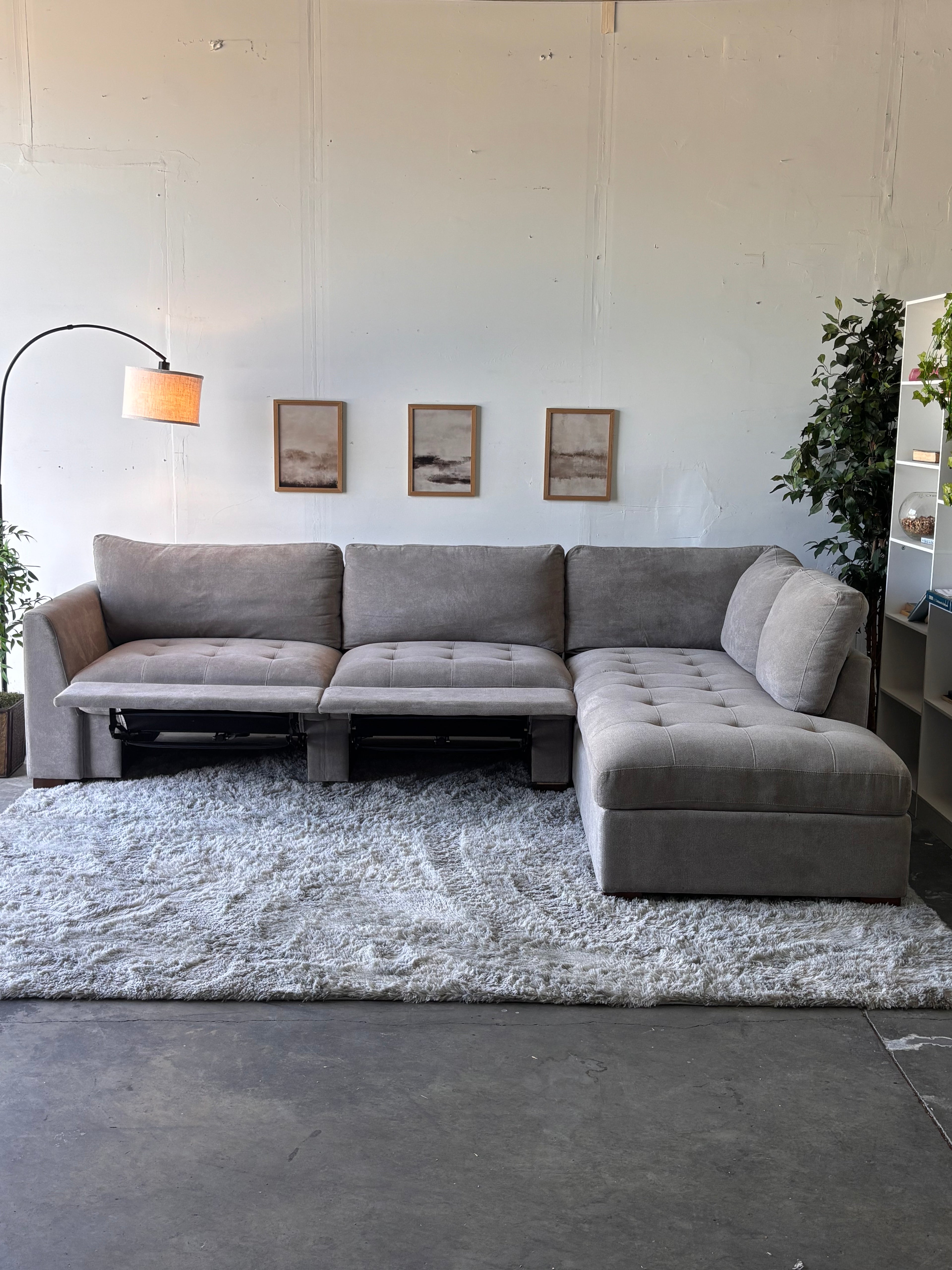 Gray Tufted Sectional with Power Footrests and Chaise - Functional Comfort