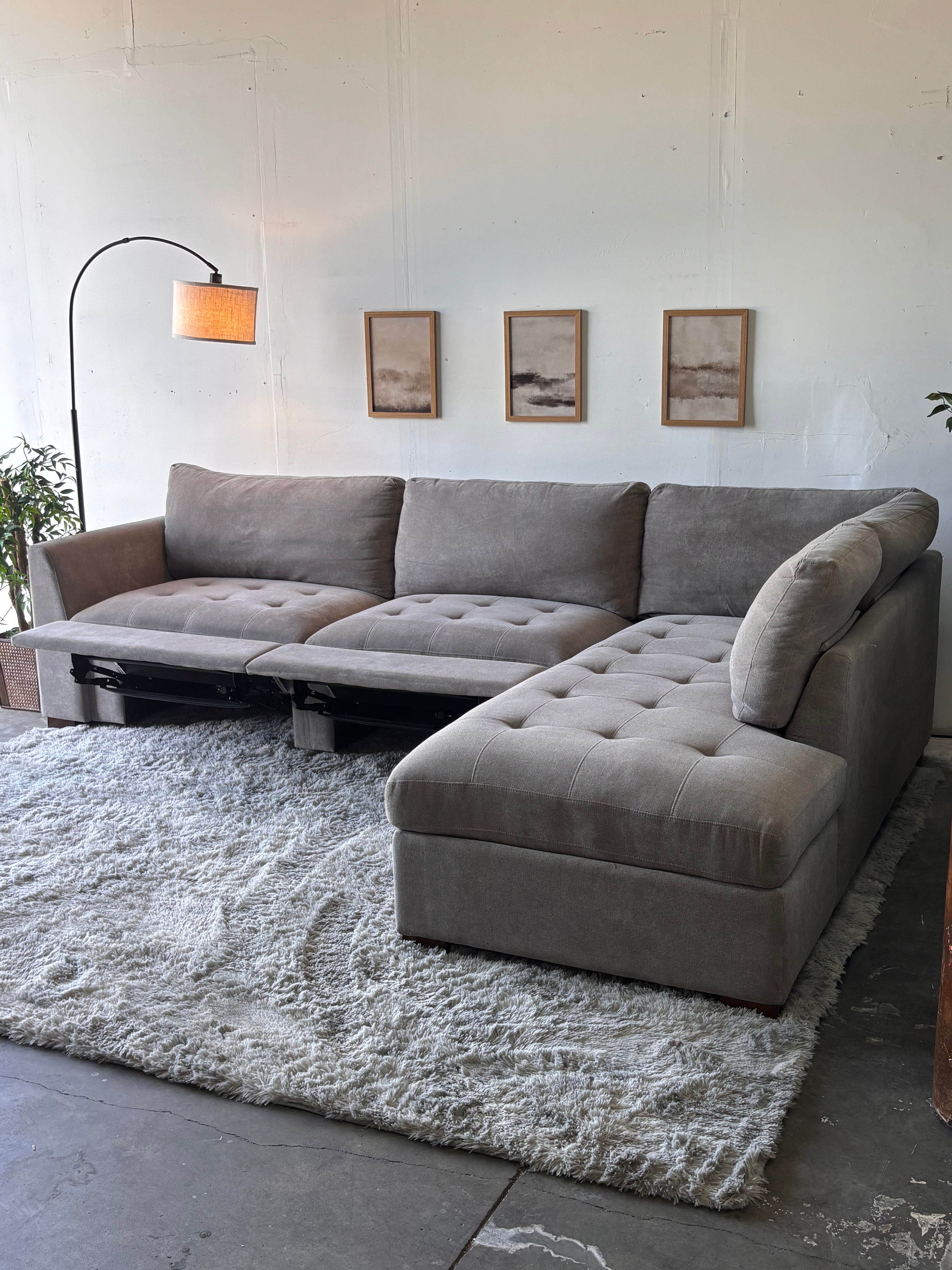 Gray Tufted Sectional with Power Footrests and Chaise - Functional Comfort