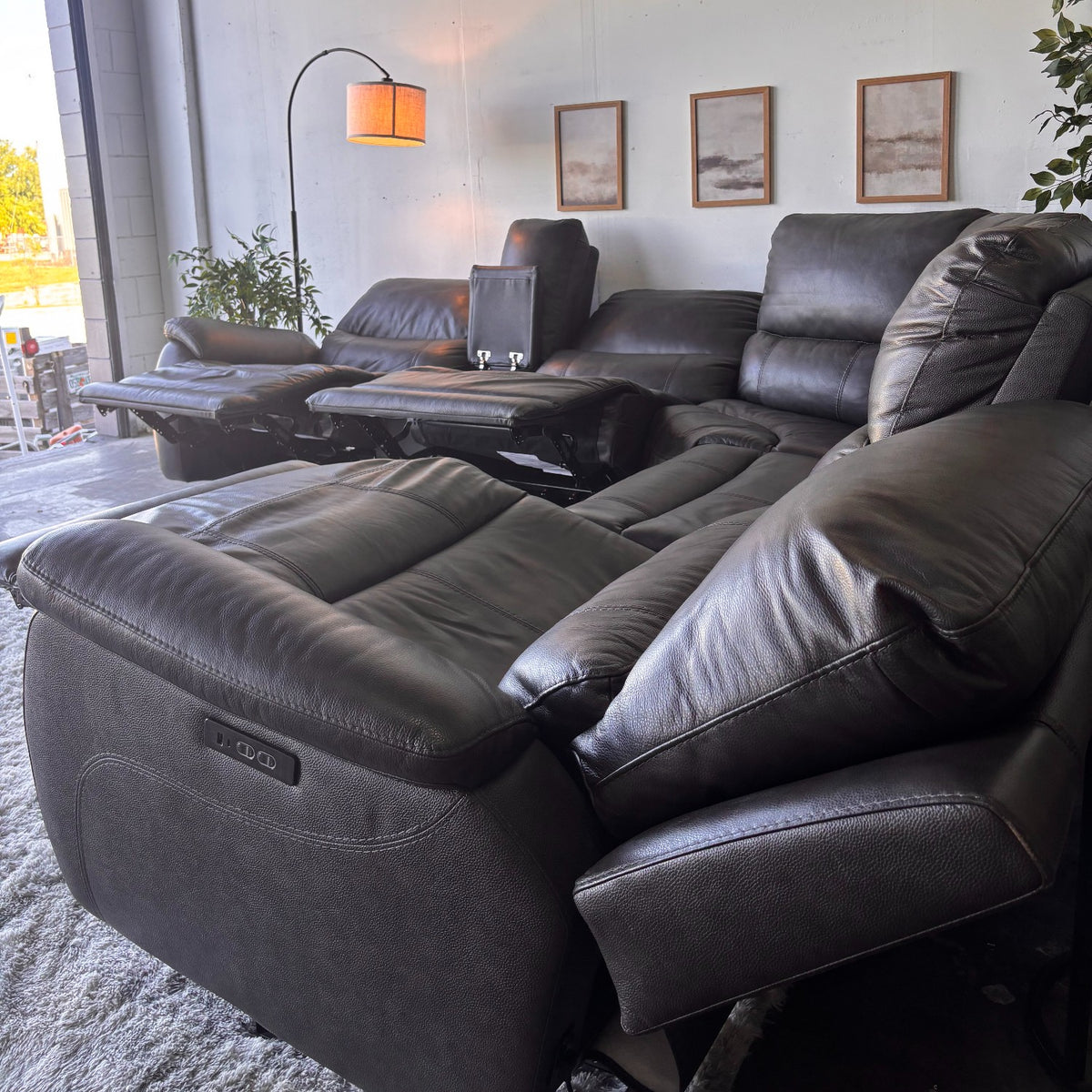 Dark Gray Top Grain Leather Reclining Sectional
