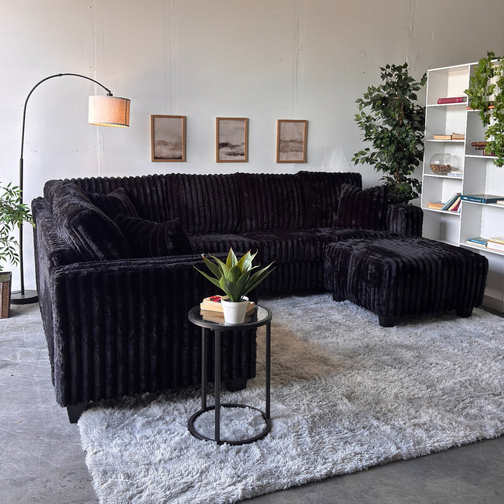 Monroe Fluffy Corduroy Sectional with Ottoman - Brand New