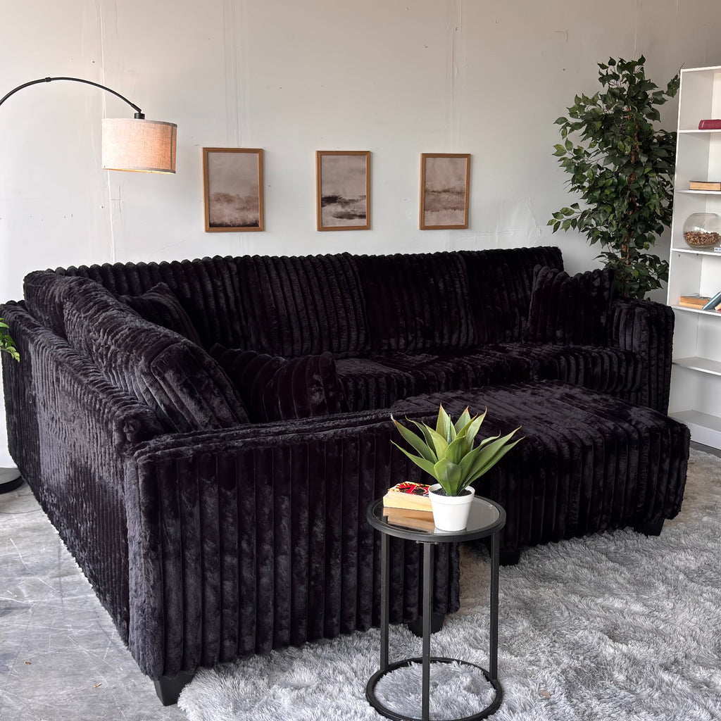 Monroe Fluffy Corduroy Sectional with Ottoman - Brand New