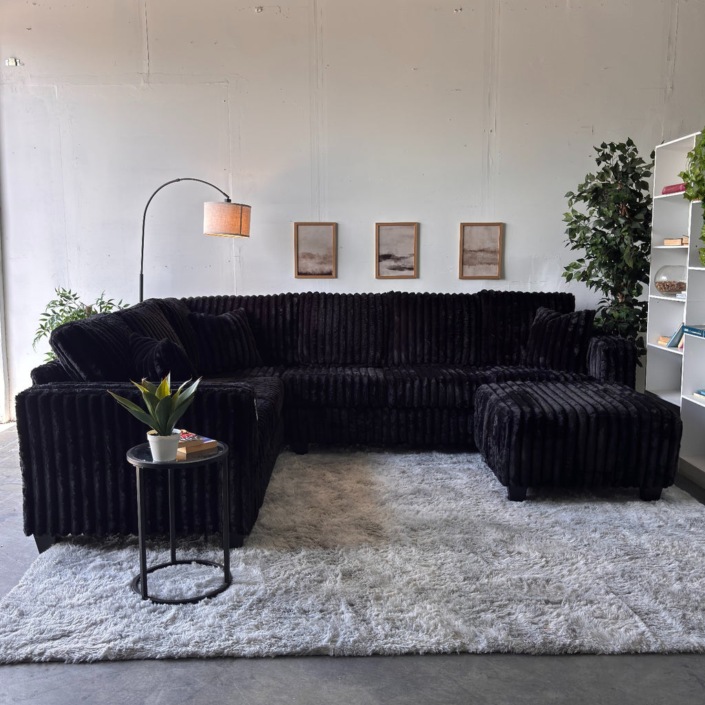 Monroe Fluffy Corduroy Sectional with Ottoman - Brand New