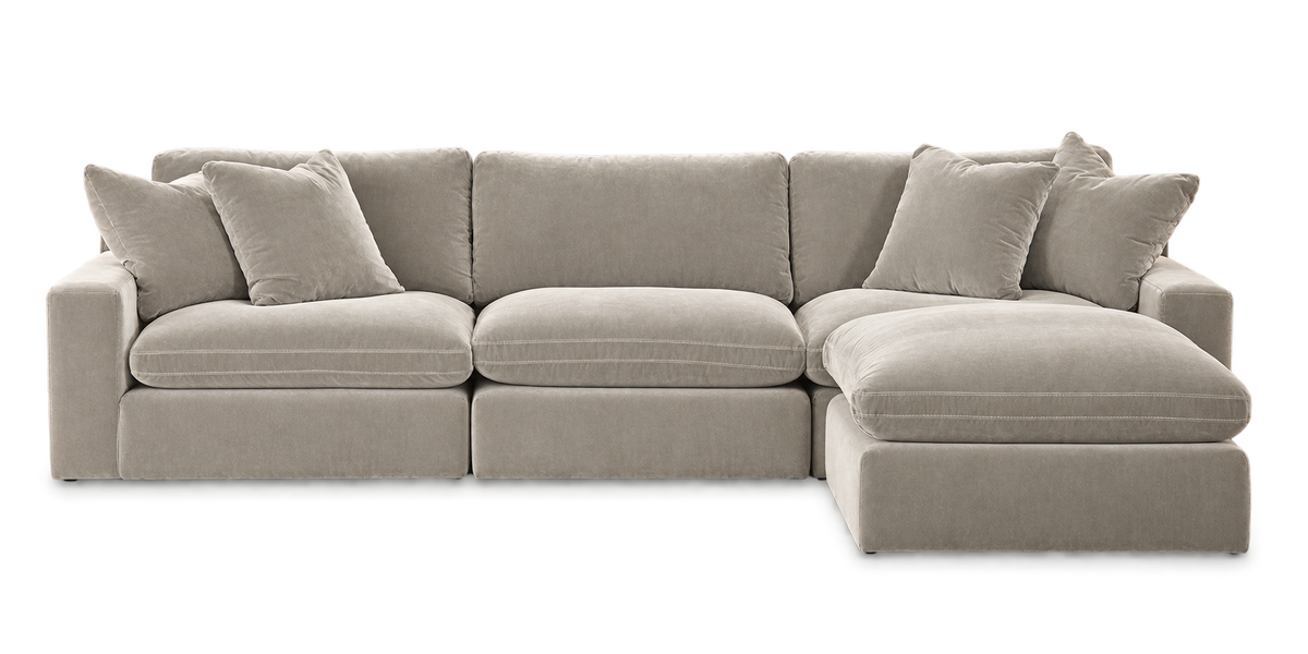 Monaco 3-Piece Sofa + Ottoman in Pebble — configuration angle 1, transparent background; color visualization