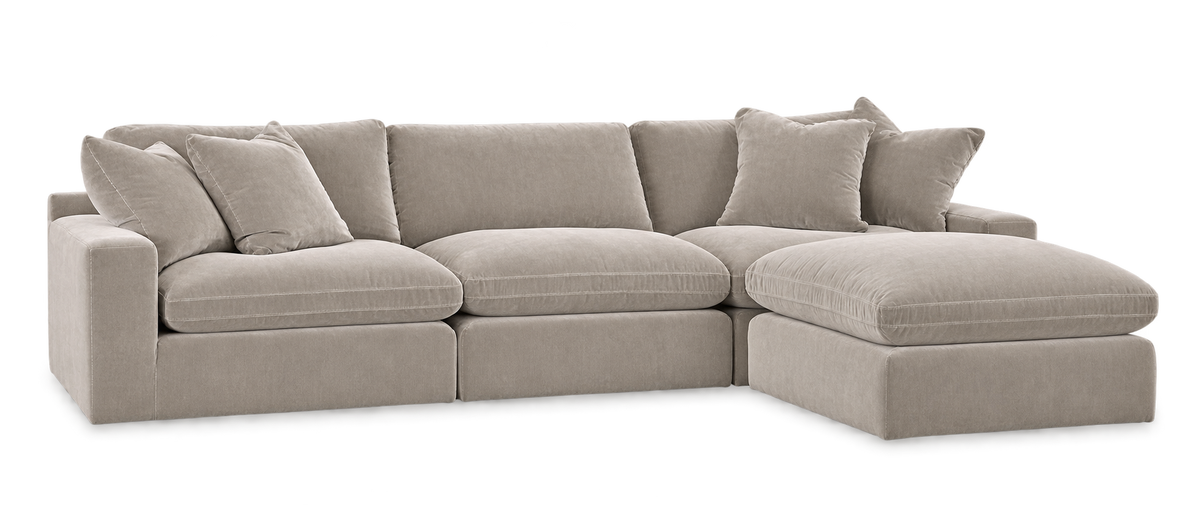 Monaco 3-Piece Sofa + Ottoman in Pebble — configuration angle 2, transparent background; color visualization
