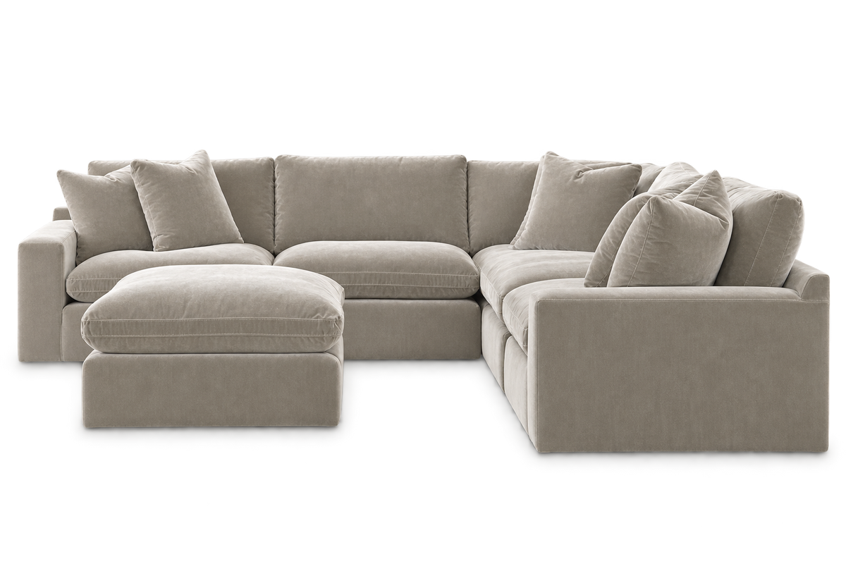 Monaco 5-Piece Corner Sectional + Ottoman in Pebble — configuration angle 1, transparent background; color visualization