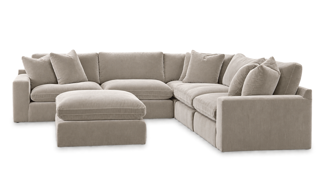Monaco 5-Piece Corner Sectional + Ottoman in Pebble — configuration angle 2, transparent background; color visualization