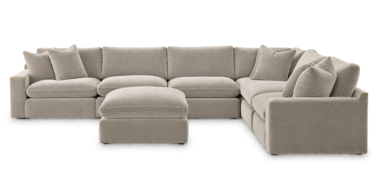 Monaco 6-Piece L-Shaped Sectional + Ottoman in Pebble — configuration angle 1, transparent background; color visualization
