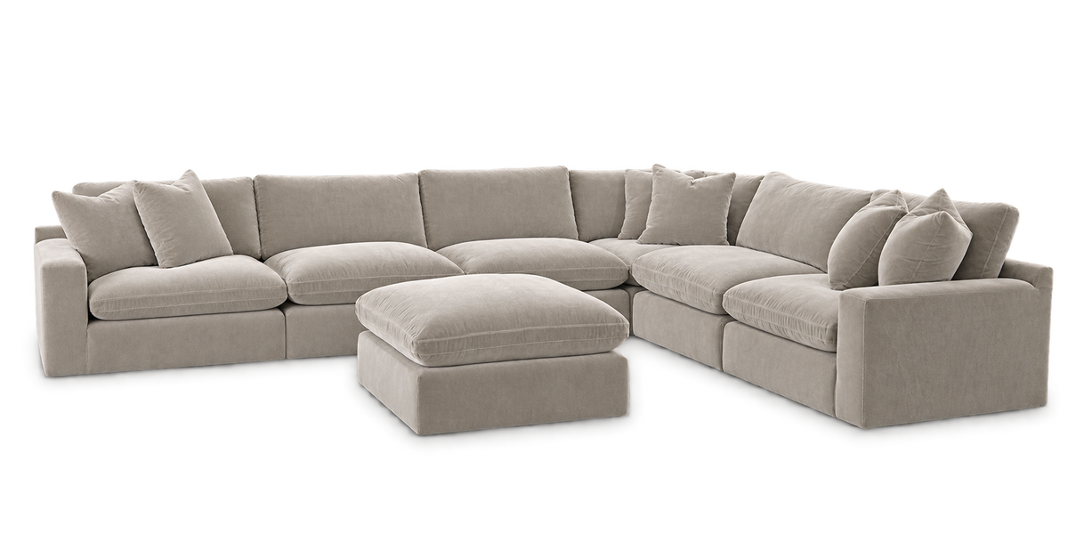 Monaco 6-Piece L-Shaped Sectional + Ottoman in Pebble — configuration angle 2, transparent background; color visualization